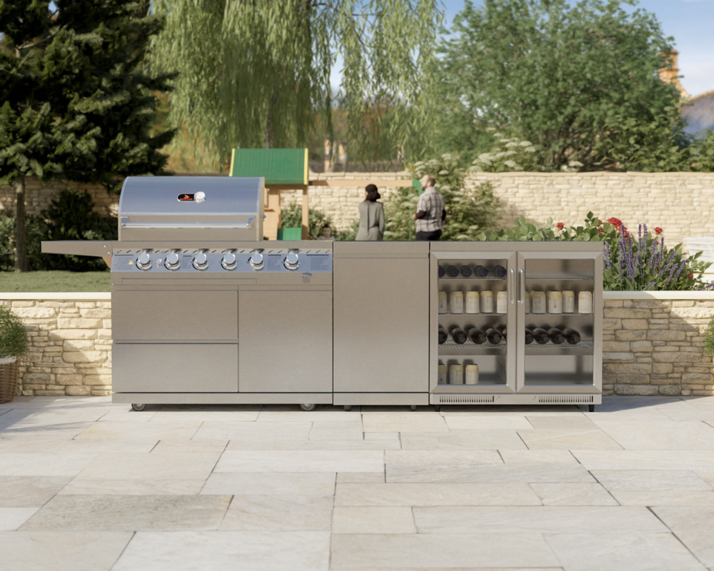 Front view of Whistler Blockley Cirencester Outdoor Kitchen 4 Burner BBQ, Gas Cabinet & Double Door Fridge