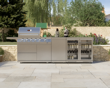 Front view of Whistler Blockley Cirencester Outdoor Kitchen 4 Burner BBQ, Gas Cabinet & Double Door Fridge