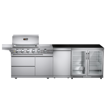 Front view of Whistler Blockley Cirencester Outdoor Kitchen 4 Burner BBQ, Gas Cabinet & Double Door Fridge on white background 
