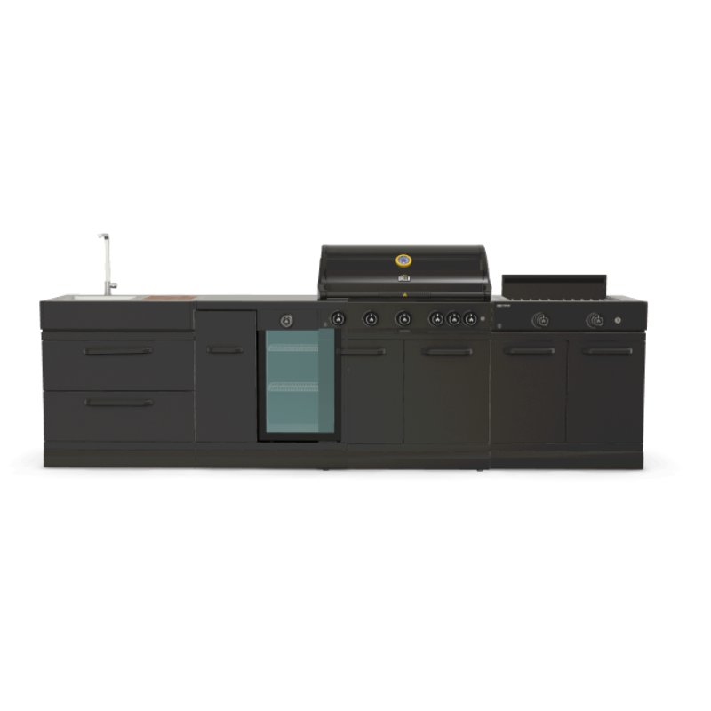 Black outdoor kitchen with grill and refrigerator on a white background