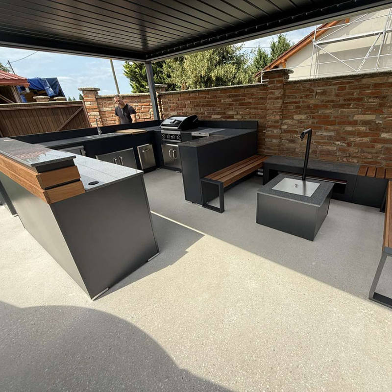 Grillandia 'Well Done' U-Shaped Outdoor Kitchen with Big Green Egg & Entertainment Center