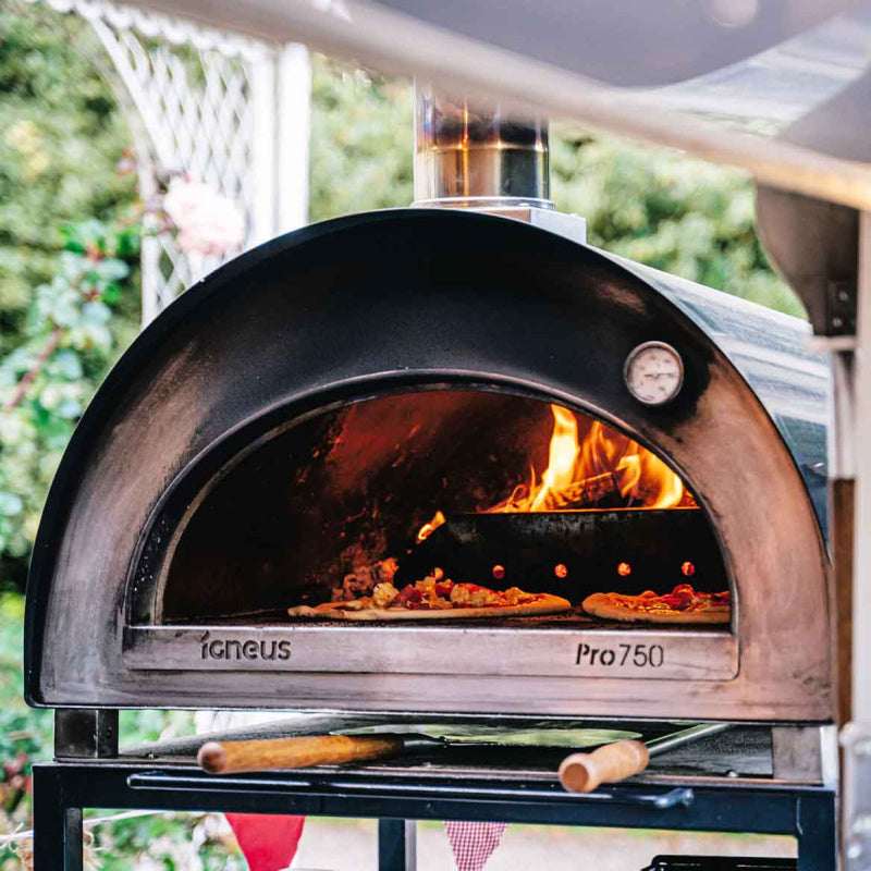Igneus Pro 750 Woodfired Pizza Oven Mattblack front with door open lifestyle shot
