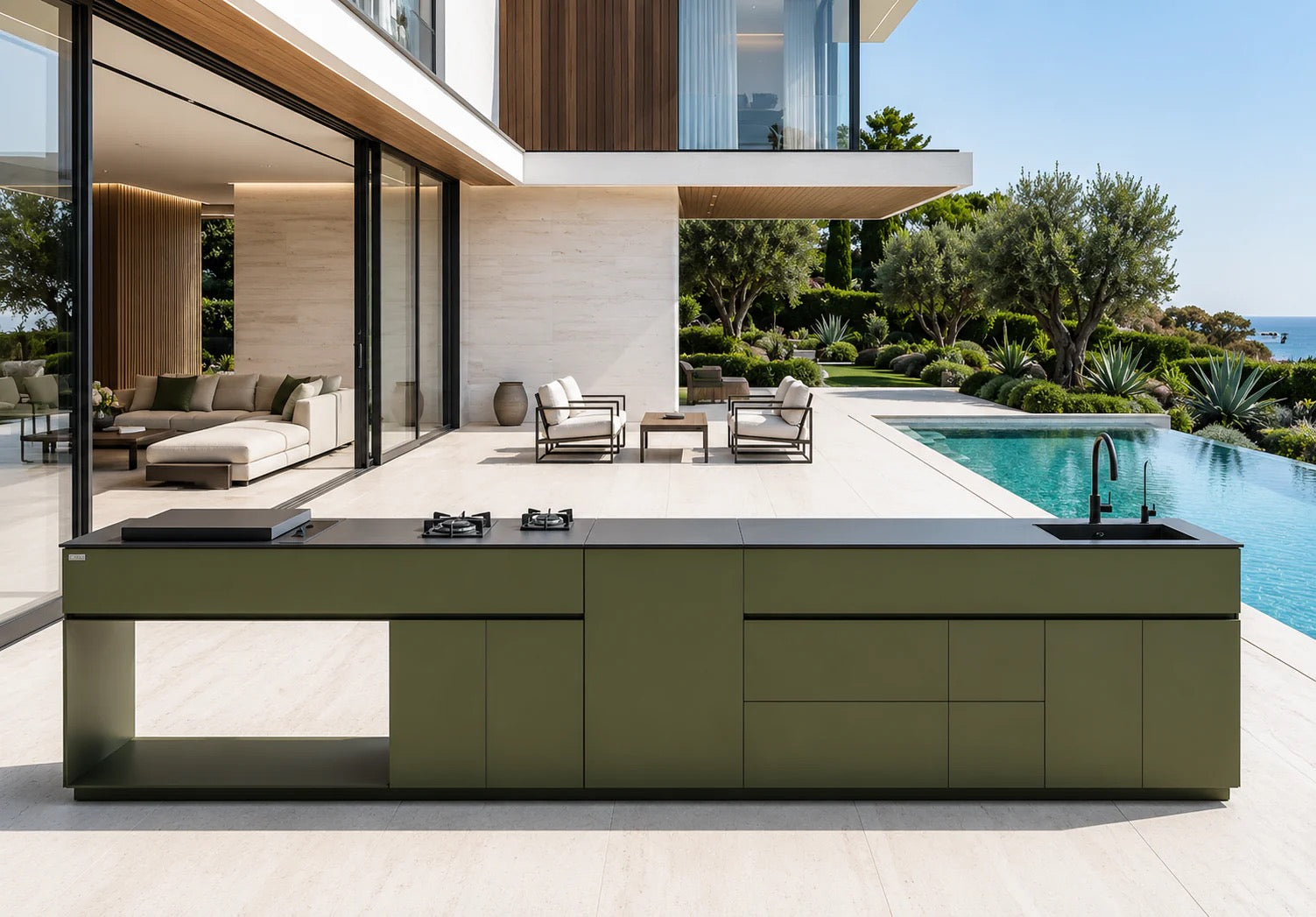 Grillionaire MOSS Grade 2 Aluminum Modular Outdoor Kitchen with Dekton Worktops, Sink, Side Burner and Fridge