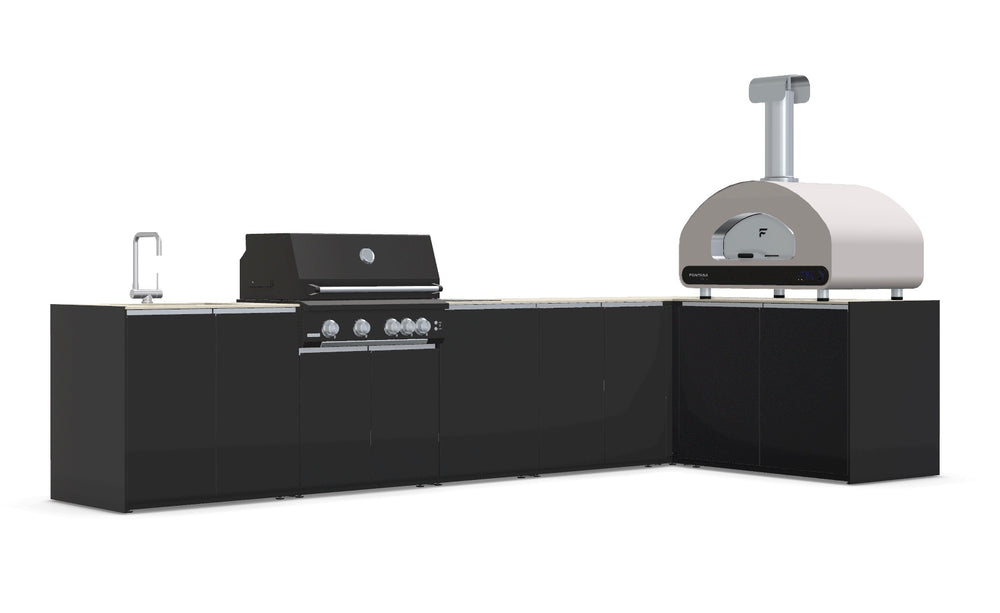 Fontana Ignes L-Shaped Outdoor Kitchen with Volta 90 Pizza Oven, 4 Burner BBQ, Induction Hob, Sink & Storage