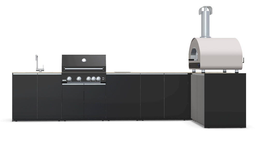 Fontana Ignes L-Shaped Outdoor Kitchen with Volta 90 Pizza Oven, 4 Burner BBQ, Induction Hob, Sink & Storage