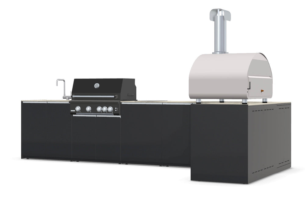 Fontana Ignes L-Shaped Outdoor Kitchen with Volta 90 Pizza Oven, 4 Burner BBQ, Induction Hob, Sink & Storage