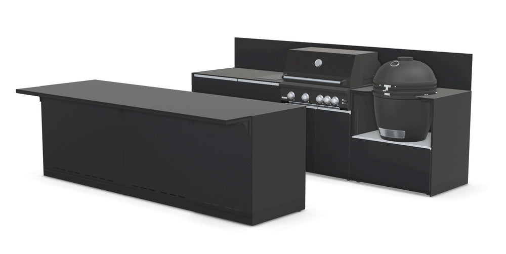 Fontana Ignes Outdoor Kitchen in Black with Bar, 4 Burner BBQ, Kamado, Induction Hob, Fridge & Premium Storage