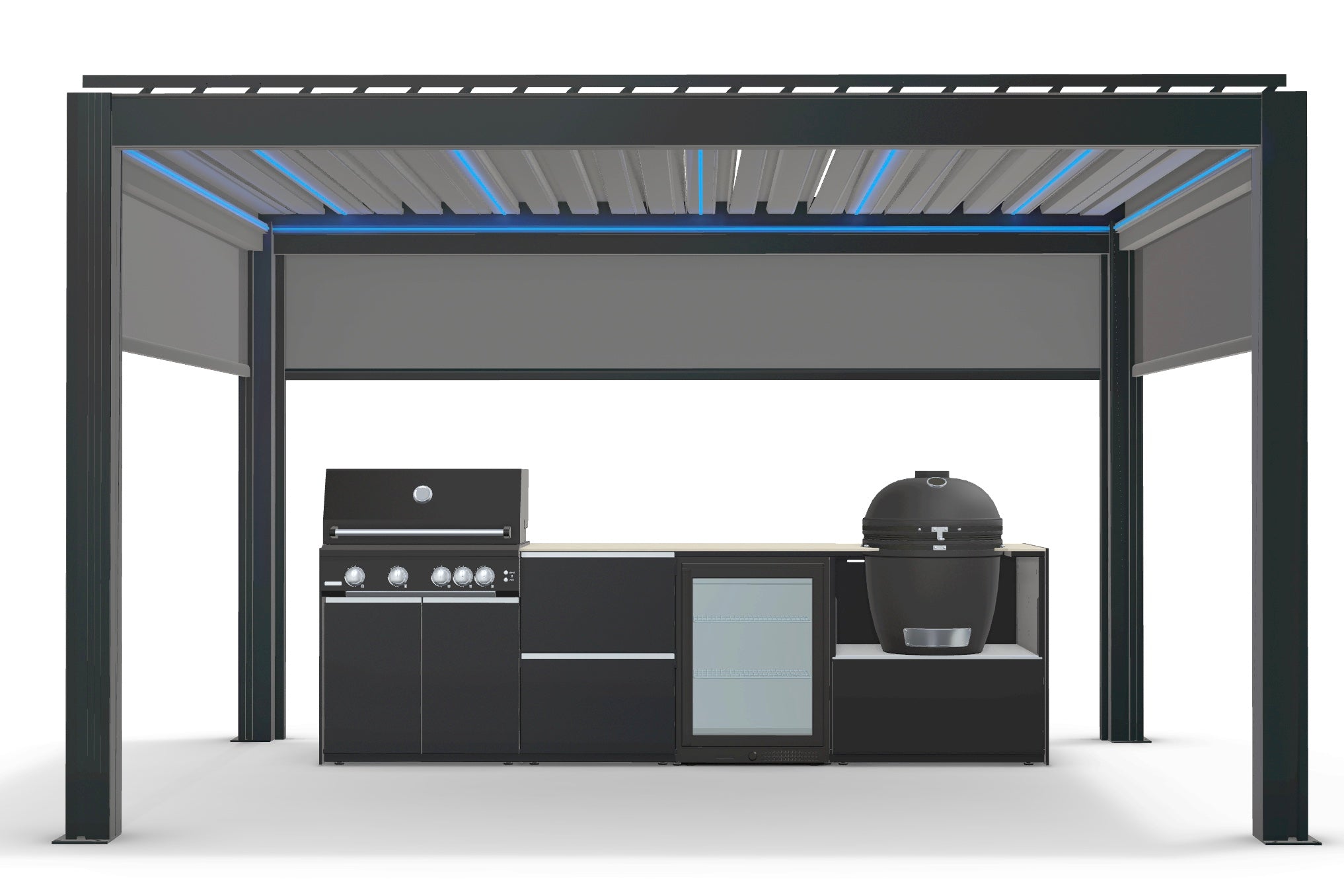 Fontana Ignes Outdoor Kitchen with 4 Burner BBQ, Kamado, Fridge & 3x4m Motorised Pergola