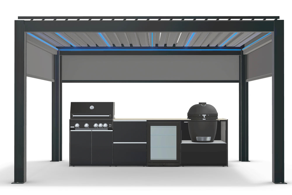 Fontana Ignes Outdoor Kitchen with 4 Burner BBQ, Kamado, Fridge & 3x4m Motorised Pergola