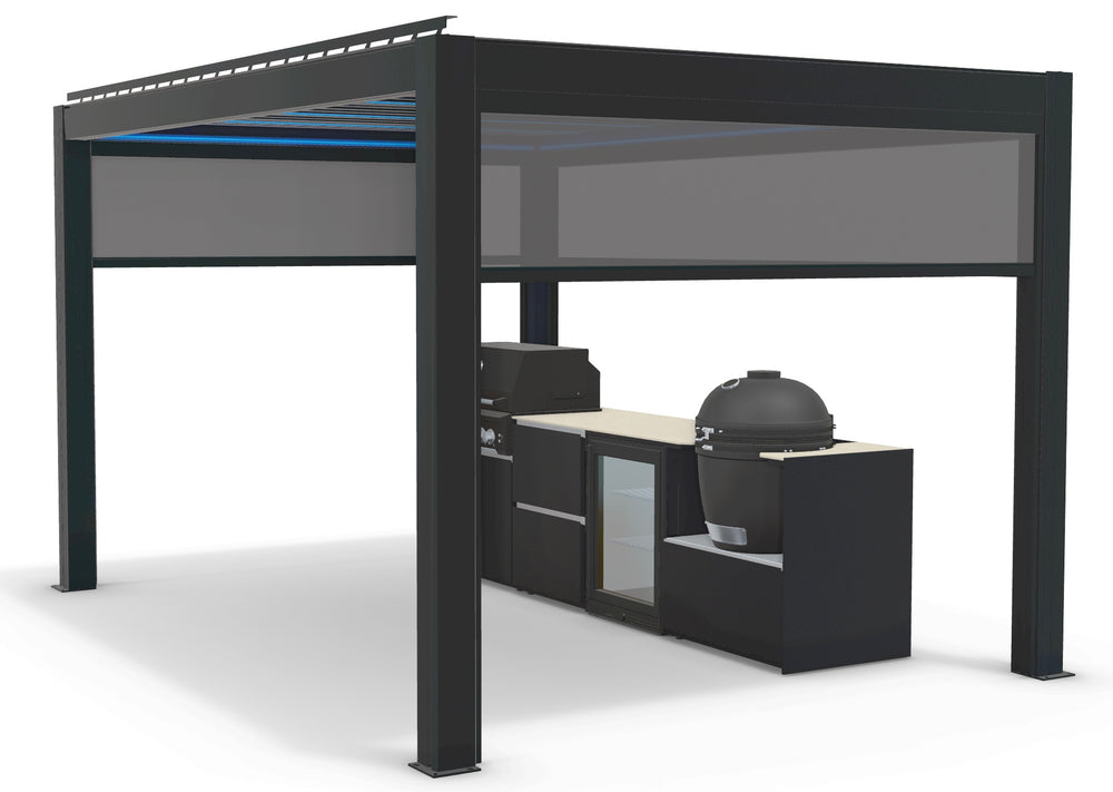 Fontana Ignes Outdoor Kitchen with 4 Burner BBQ, Kamado, Fridge & 3x4m Motorised Pergola