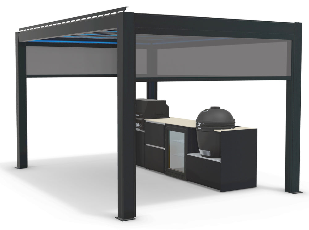 Fontana Ignes Outdoor Kitchen with 4 Burner BBQ, Kamado, Fridge & 3x4m Motorised Pergola