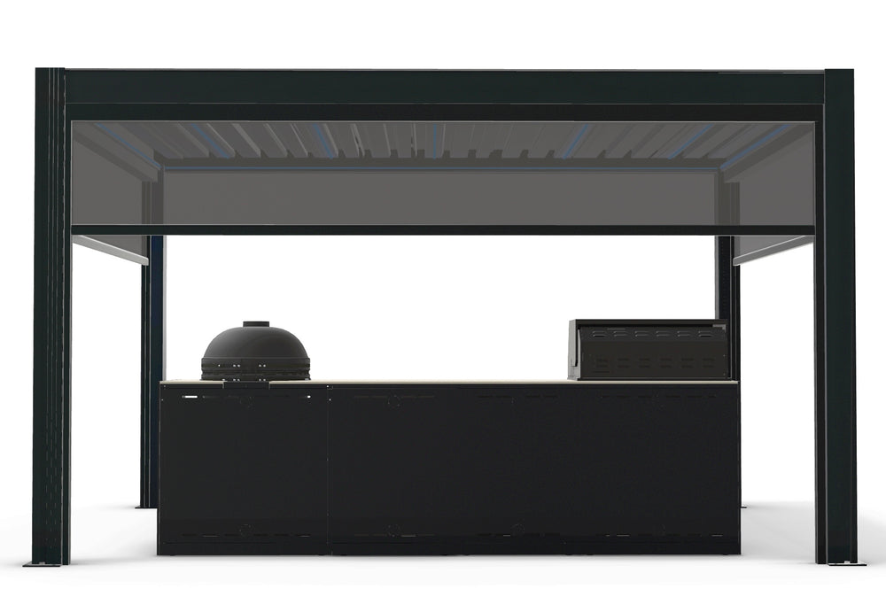Fontana Ignes Outdoor Kitchen with 4 Burner BBQ, Kamado, Fridge & 3x4m Motorised Pergola