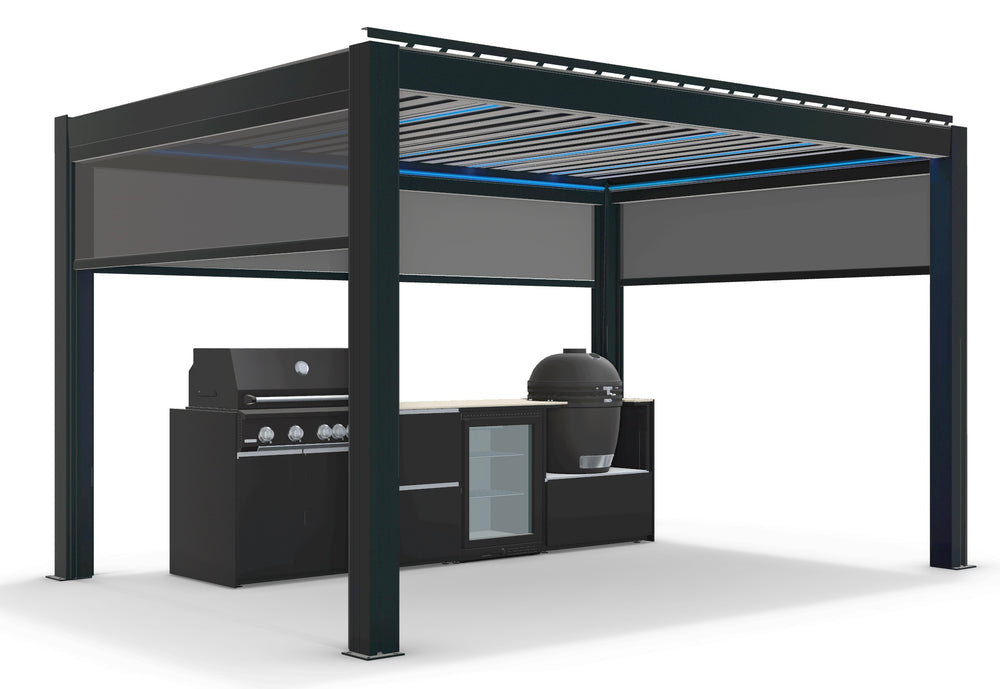 Fontana Ignes Outdoor Kitchen with 4 Burner BBQ, Kamado, Fridge & 3x4m Motorised Pergola