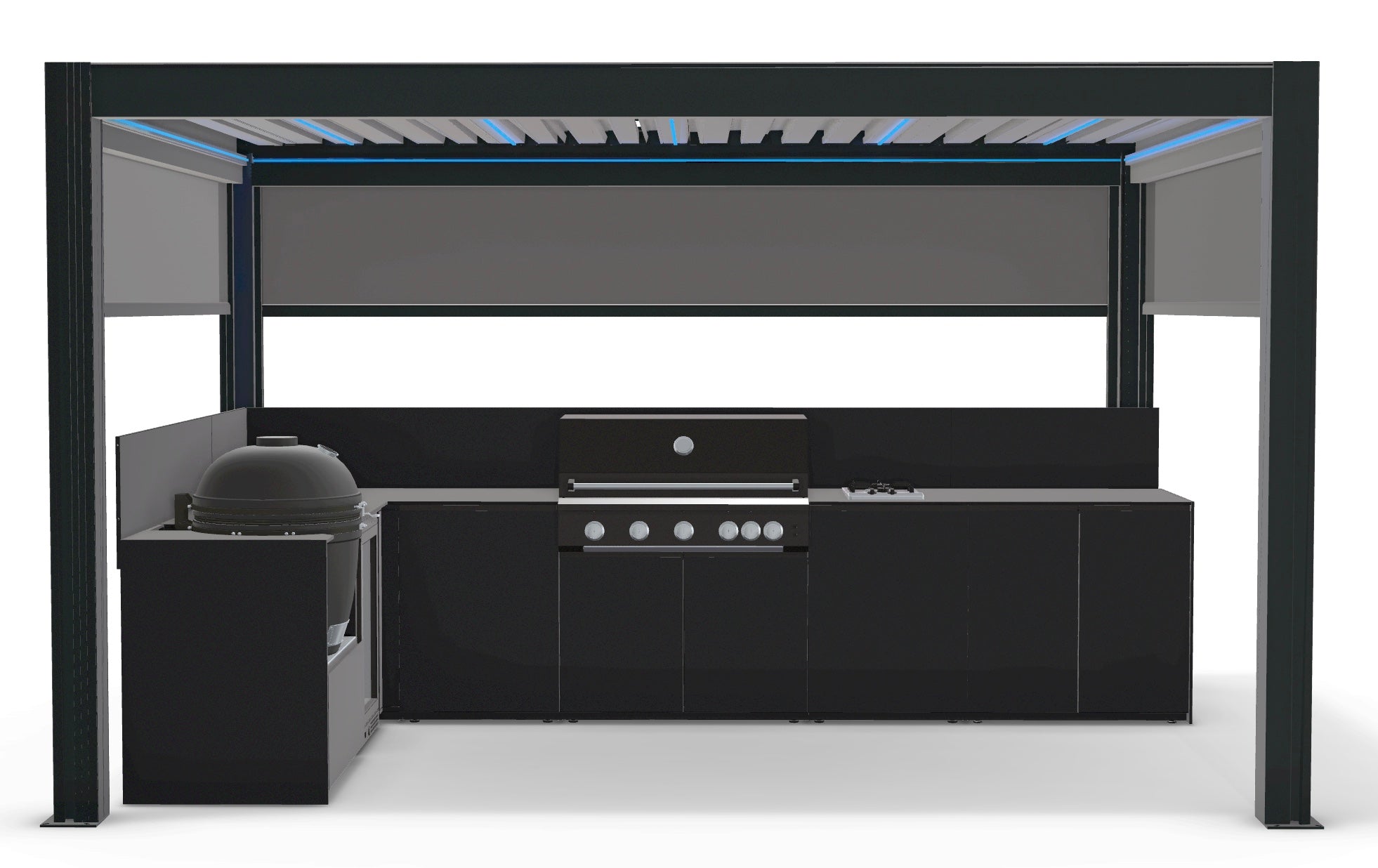 Fontana Ignes L-Shaped Outdoor Kitchen with 5 Burner BBQ, Kamado, Fridge, Gas Hob & 3x4m Motorised Pergola