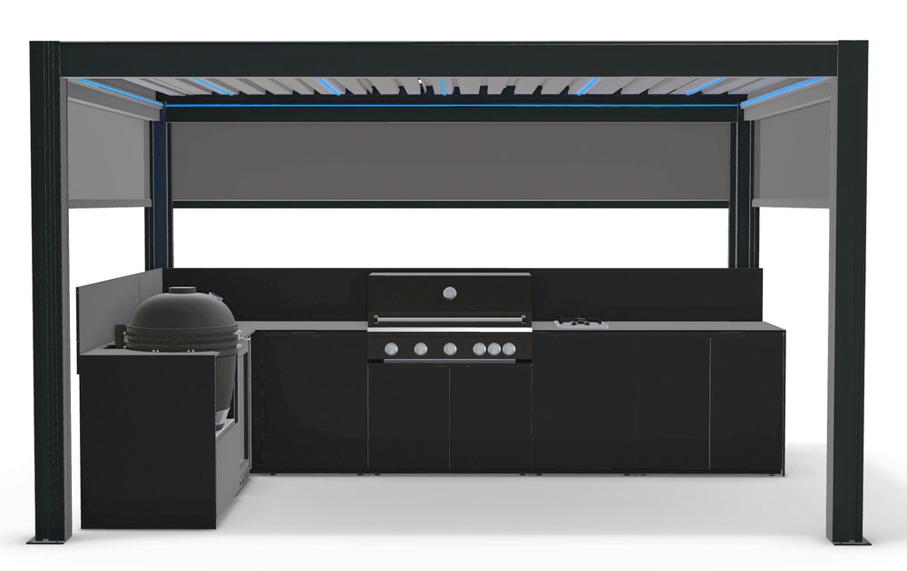 Fontana Ignes L-Shaped Outdoor Kitchen with 5 Burner BBQ, Kamado, Fridge, Gas Hob & 3x4m Motorised Pergola