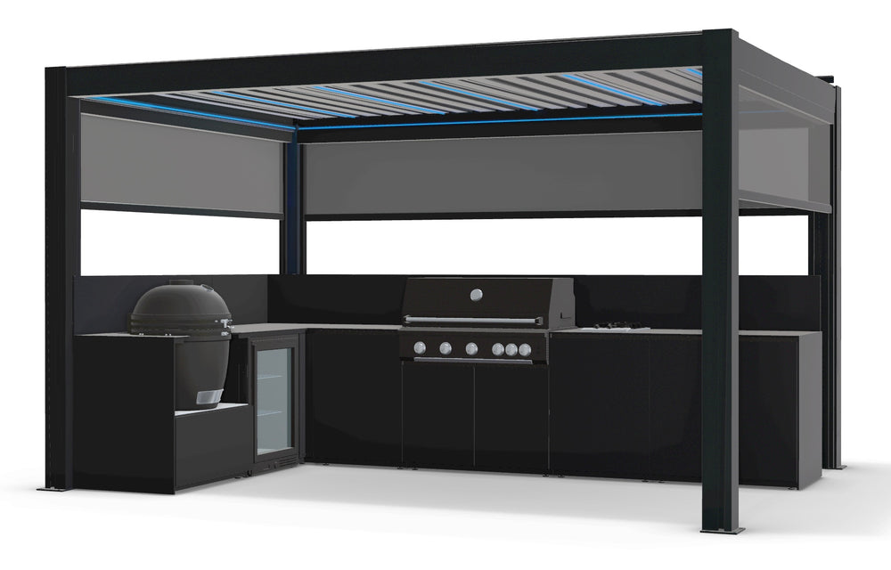 Fontana Ignes L-Shaped Outdoor Kitchen with 5 Burner BBQ, Kamado, Fridge, Gas Hob & 3x4m Motorised Pergola