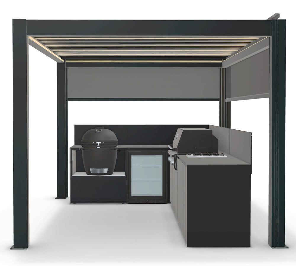 Fontana Ignes L-Shaped Outdoor Kitchen with 5 Burner BBQ, Kamado, Fridge, Gas Hob & 3x4m Motorised Pergola