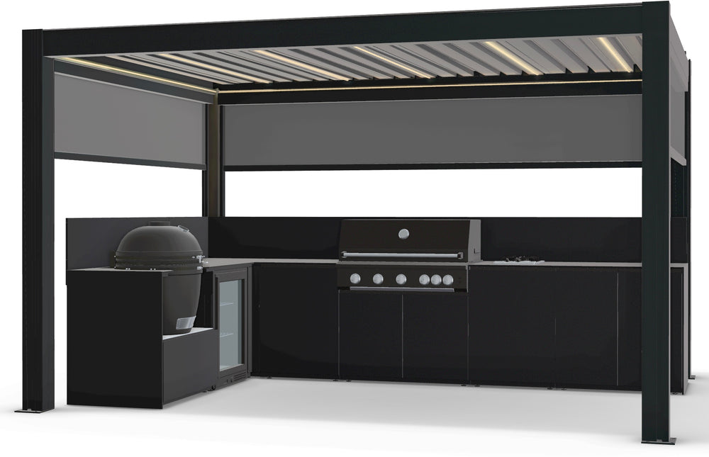 Fontana Ignes L-Shaped Outdoor Kitchen with 5 Burner BBQ, Kamado, Fridge, Gas Hob & 3x4m Motorised Pergola