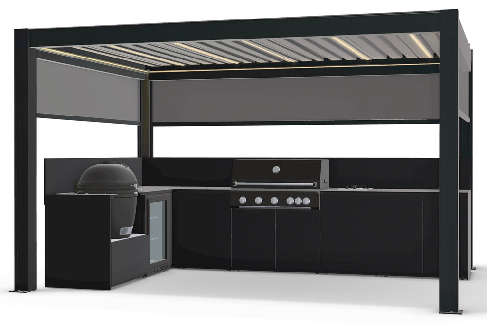 Fontana Ignes L-Shaped Outdoor Kitchen with 5 Burner BBQ, Kamado, Fridge, Gas Hob & 3x4m Motorised Pergola
