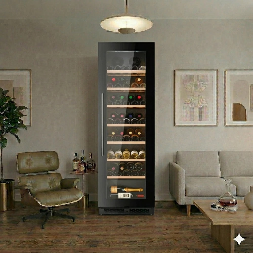 ClimaVin Noir122 Single Zone Shallow Wine Fridge, Black-Glass