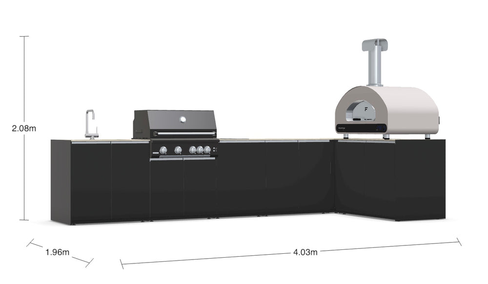 Fontana Ignes L-Shaped Outdoor Kitchen with Volta 90 Pizza Oven, 4 Burner BBQ, Induction Hob, Sink & Storage