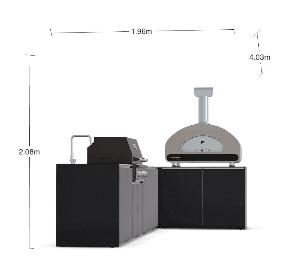 Fontana Ignes L-Shaped Outdoor Kitchen with Volta 90 Pizza Oven, 4 Burner BBQ, Induction Hob, Sink & Storage