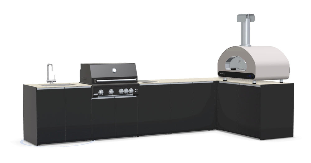 Fontana Ignes L-Shaped Outdoor Kitchen with Volta 90 Pizza Oven, 4 Burner BBQ, Induction Hob, Sink & Storage