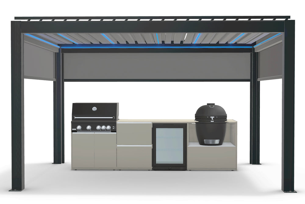 Fontana Ignes Outdoor Kitchen with 4 Burner BBQ, Kamado, Fridge & 3x4m Motorised Pergola