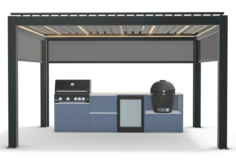 Fontana Ignes Outdoor Kitchen with 4 Burner BBQ, Kamado, Fridge & 3x4m Motorised Pergola