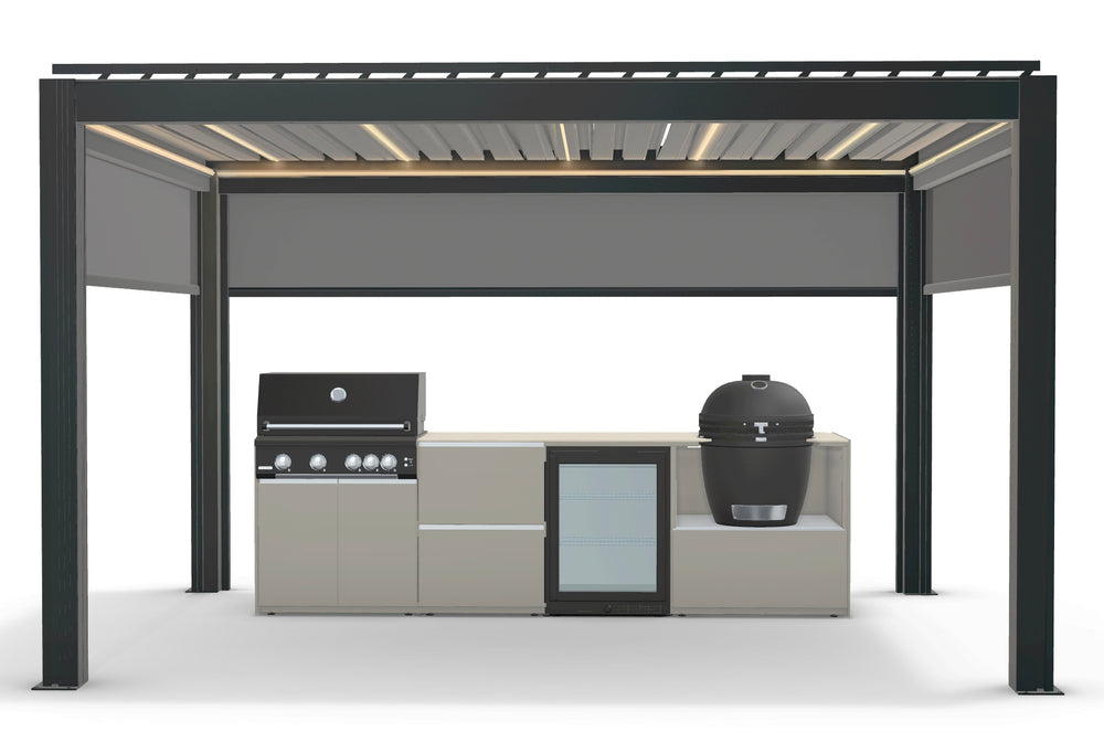 Fontana Ignes Outdoor Kitchen with 4 Burner BBQ, Kamado, Fridge & 3x4m Motorised Pergola