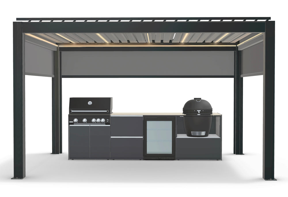 Fontana Ignes Outdoor Kitchen with 4 Burner BBQ, Kamado, Fridge & 3x4m Motorised Pergola