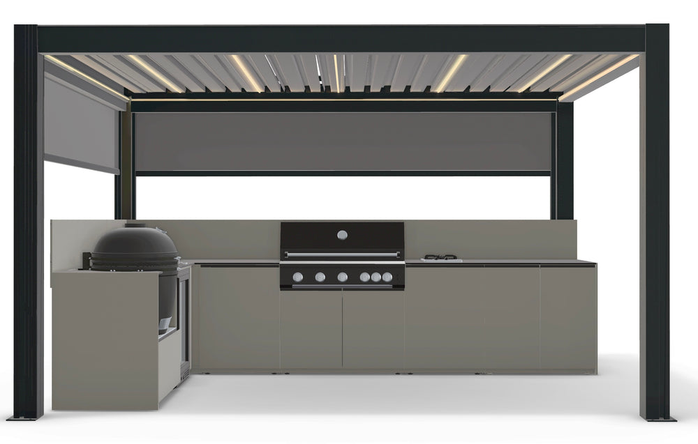 Fontana Ignes L-Shaped Outdoor Kitchen with 5 Burner BBQ, Kamado, Fridge, Gas Hob & 3x4m Motorised Pergola
