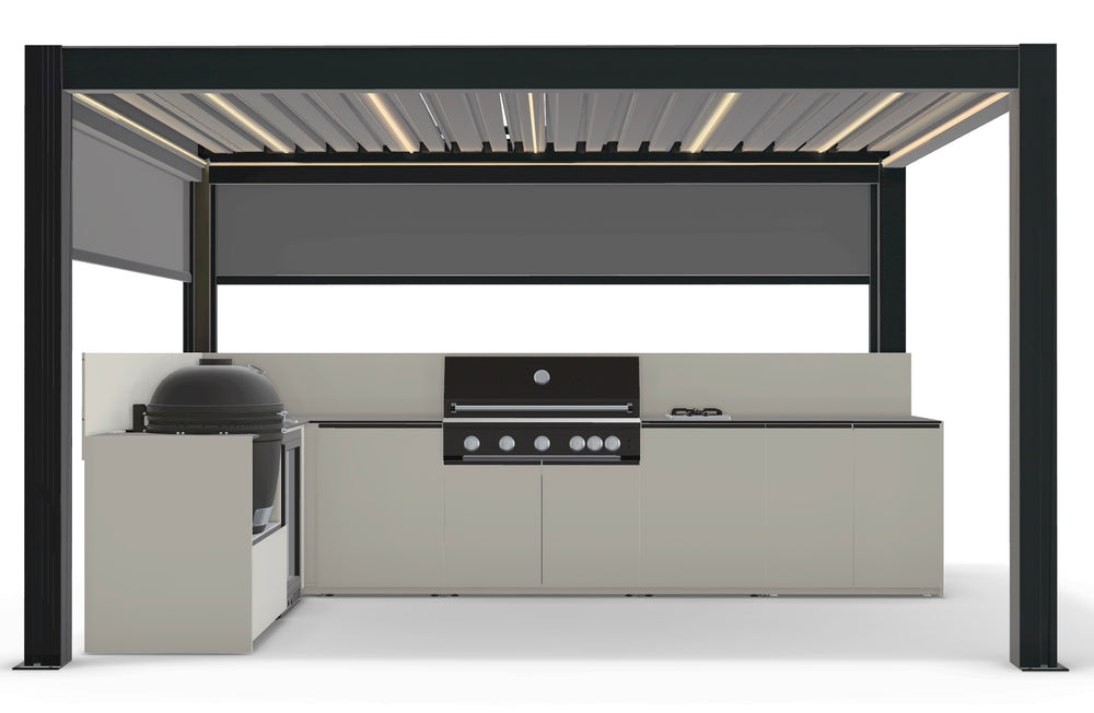 Fontana Ignes L-Shaped Outdoor Kitchen with 5 Burner BBQ, Kamado, Fridge, Gas Hob & 3x4m Motorised Pergola