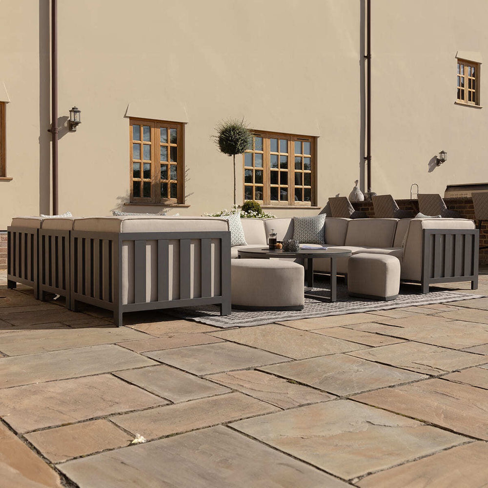 Ibiza Outdoor Fabric U Shape 10 Seat Sofa Set with Round Coffee Table & Footstools, Latte