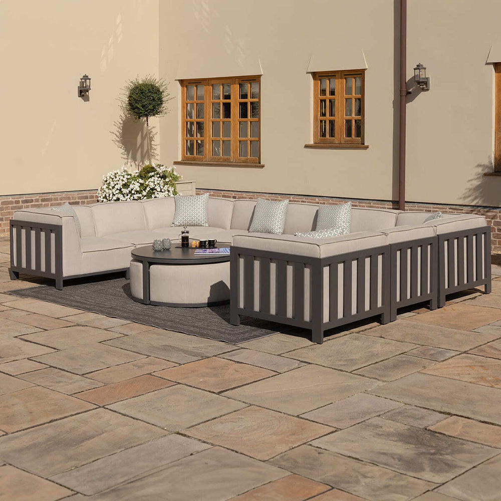 Ibiza Outdoor Fabric U Shape 10 Seat Sofa Set with Round Coffee Table & Footstools, Latte