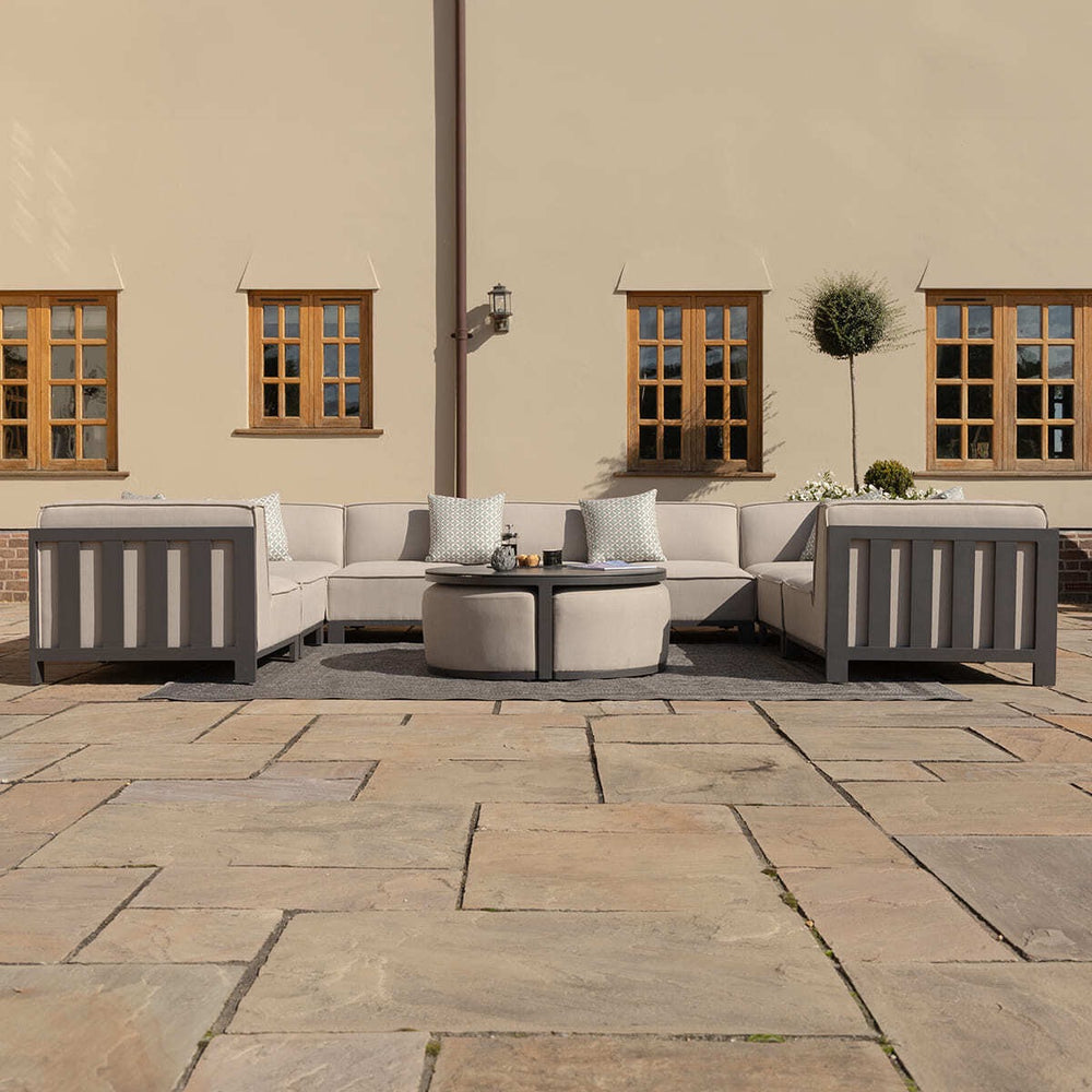 Ibiza Outdoor Fabric U Shape 10 Seat Sofa Set with Round Coffee Table & Footstools, Latte