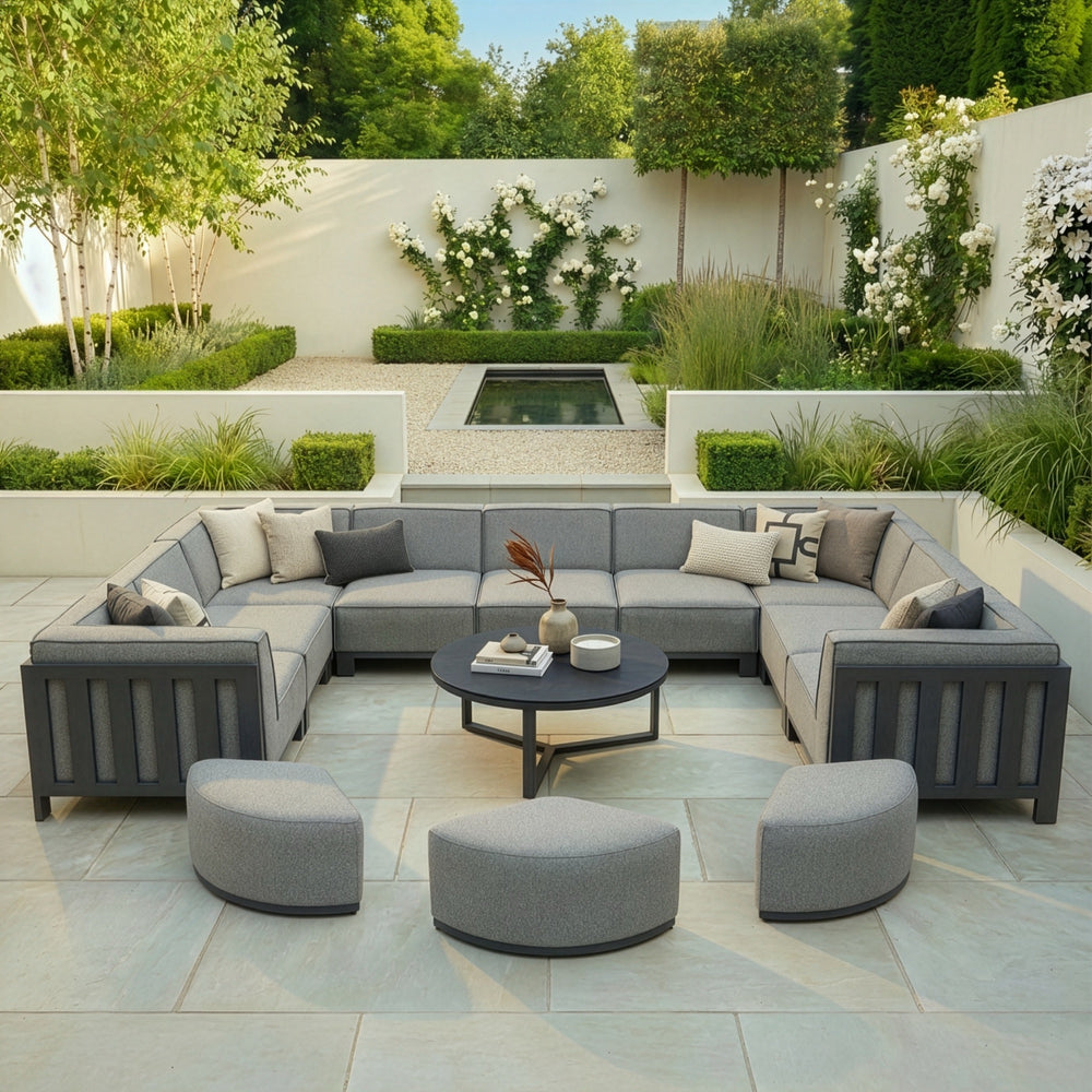 Ibiza Outdoor Fabric U Shape 10 Seat Sofa Set with Round Coffee Table & Footstools, Latte