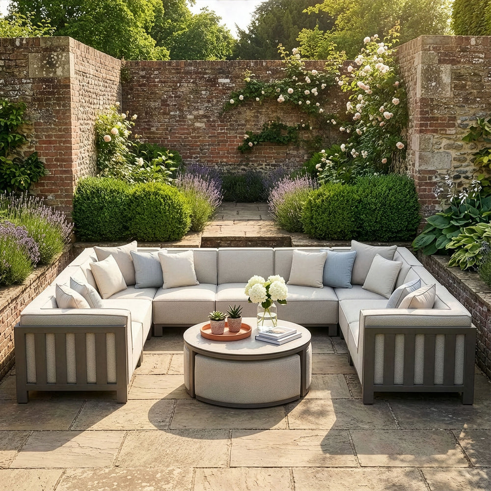 Ibiza Outdoor Fabric U Shape 10 Seat Sofa Set with Round Coffee Table & Footstools, Latte