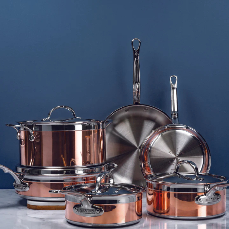Lifestyle shot of Hestan CopperBond Induction Copper Skillets, Saucepans & Lids, Sauté Pan & Stock Pot Set: 10 Piece