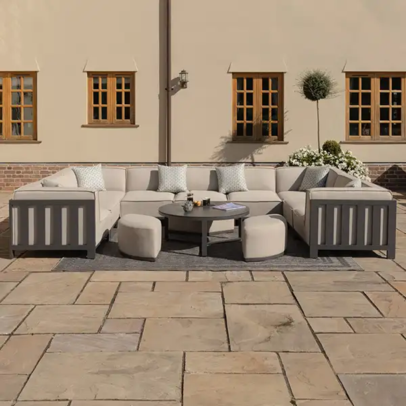 Ibiza Outdoor Fabric U Shape 10 Seat Sofa Set with Round Coffee Table & Footstools, Latte