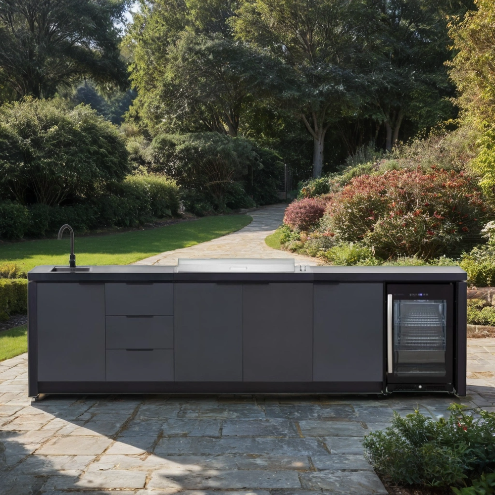 Cabinex Premium Proline Outdoor Kitchen with Integrated BeefEater Signature Proline 6 burner barbecue with flat lid with Fridge and Sink