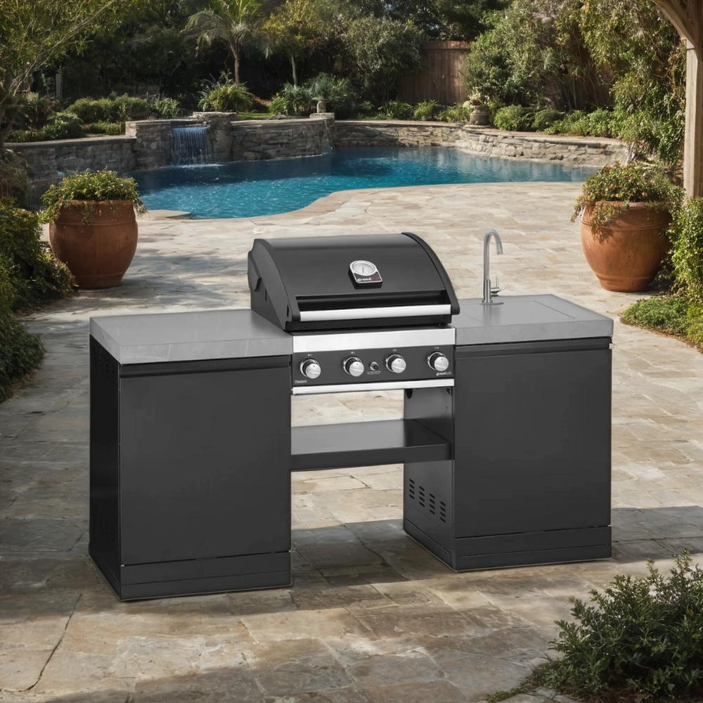 GrandPro 185 Outdoor Kitchen with Grandhall  4 Gas Burner Grill With Fridge and Sink