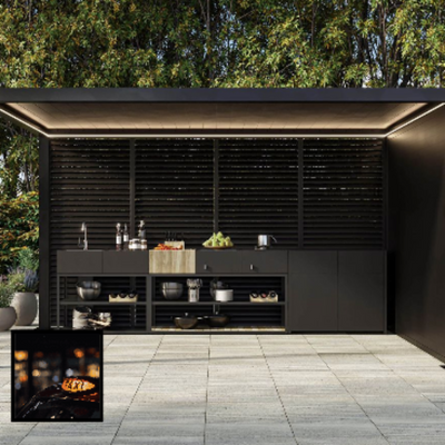 Morvelle pergola with modern outdoor kitchen with wine storage and dining area, surrounded by trees.