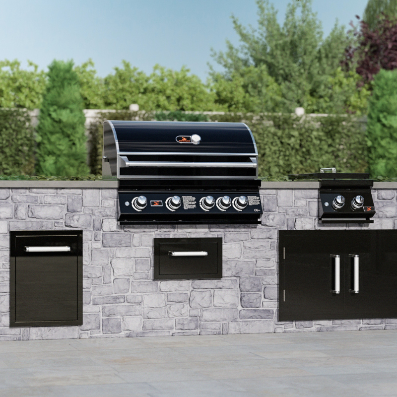 Panoramic view of black Whistler Burford 4 Burner Barbecue with Rotisserie and Weather Cover