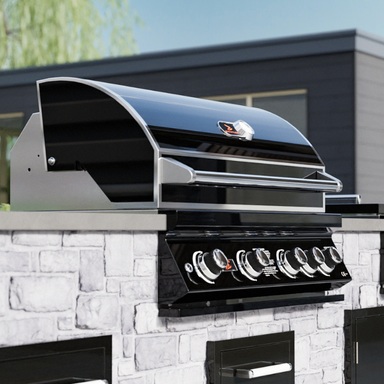 Side view of black Whistler Burford 4 Burner Barbecue with Rotisserie and Weather Cover