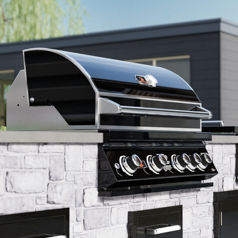 Side view of black Whistler Burford 4 Burner Barbecue with Rotisserie and Weather Cover