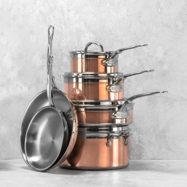 Stack view of Hestan CopperBond Induction Copper Skillets, Saucepans & Lids, Sauté Pan & Stock Pot Set: 10 Piece