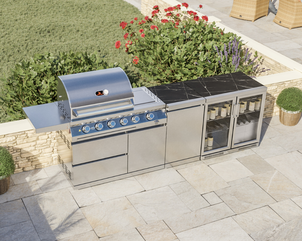 Top down view of Whistler Blockley Cirencester Outdoor Kitchen 4 Burner BBQ, Gas Cabinet & Double Door Fridge