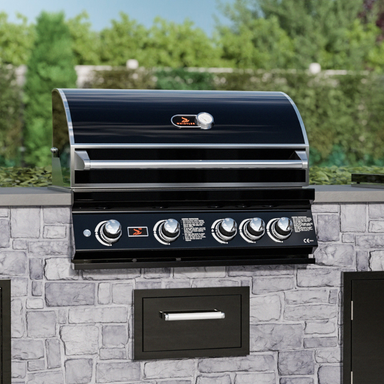 Front view of black Whistler Burford 4 Burner Barbecue with Rotisserie and Weather Cover in garden