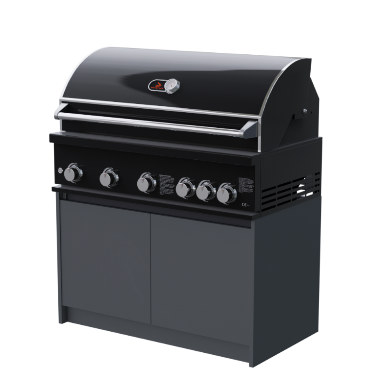 Whistler Fairford L-Shaped Black Outdoor Kitchen with 5-Burner BBQ & Green Kamado – 3.1m x 3.5m